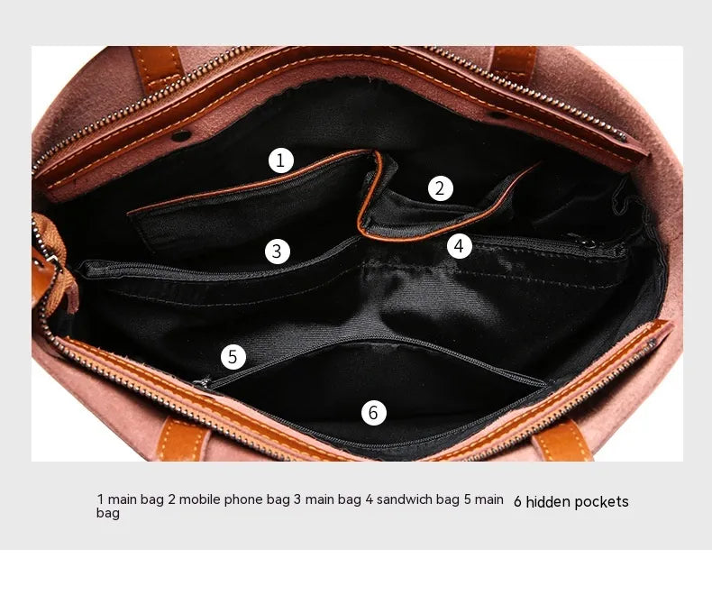 Brown leather bag interior with labeled compartments on a white background