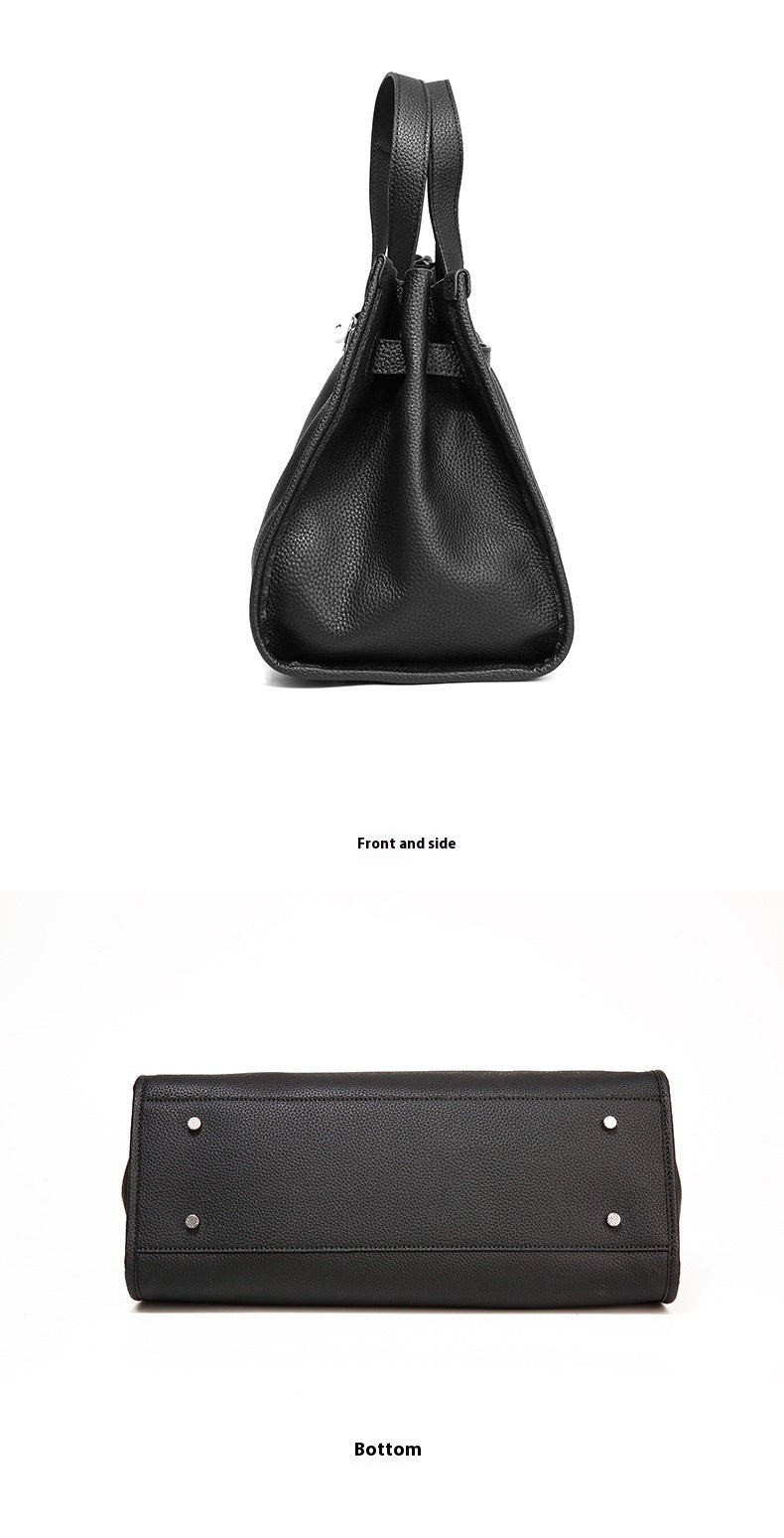 Black leather handbag shown from front, side, and bottom angles on a white background.