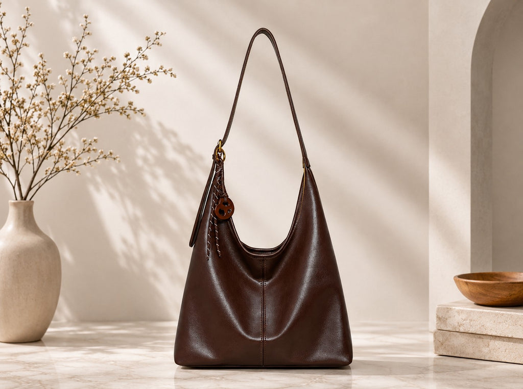 Brown leather handbag on a light wooden surface with a neutral background
