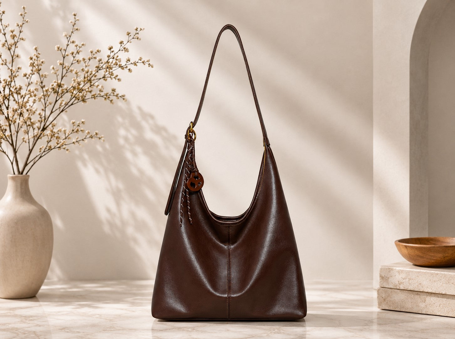 Brown leather handbag on a light wooden surface with a neutral background
