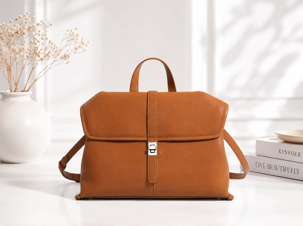 Brown leather backpack on a white surface with a light background
