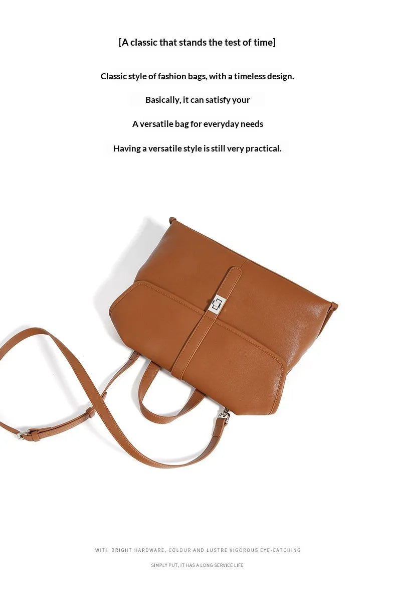 Brown leather bag on a white background with text about its design and functionality.
