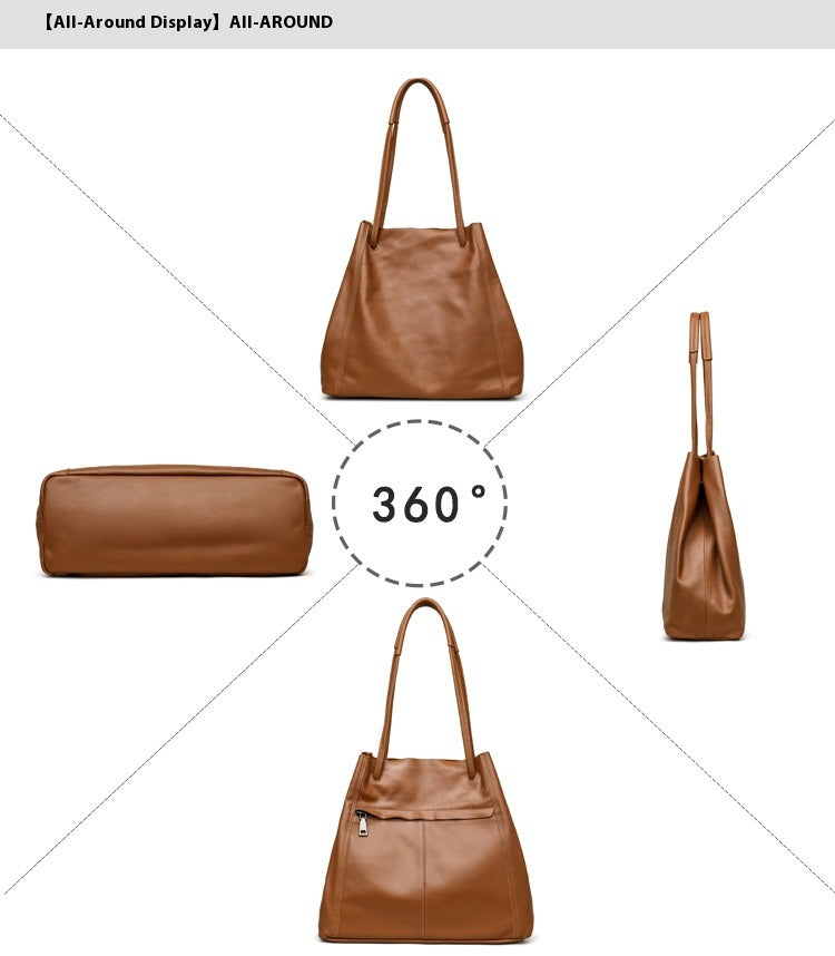 Brown leather handbag shown from multiple angles on a white background