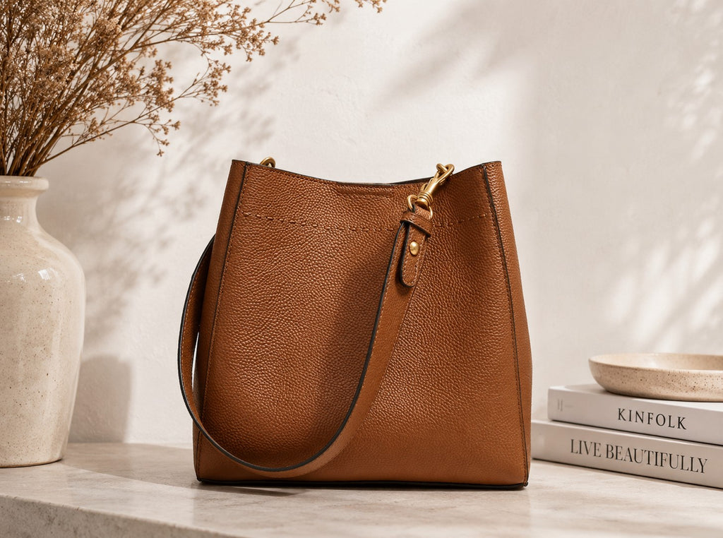 Brown leather handbag on a surface with books and a vase in the background