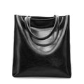 Black leather tote bag on a white background