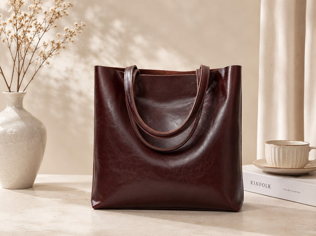 Brown leather tote bag on a wooden surface with a neutral background