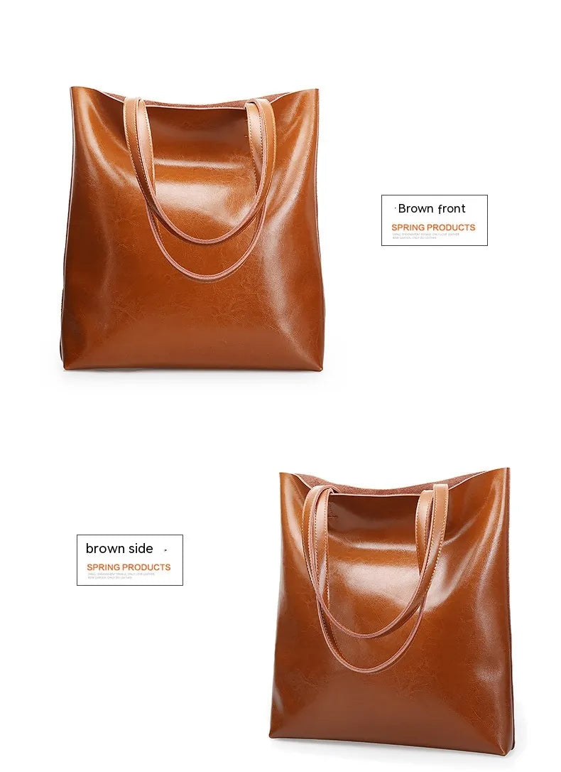 Brown tote bag shown from front and side views on a white background