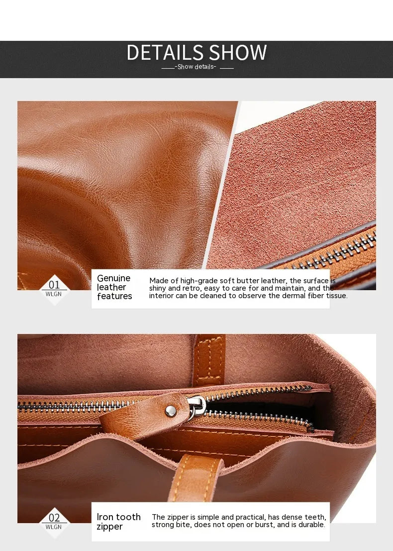 Brown leather bag with zipper details on a gray background