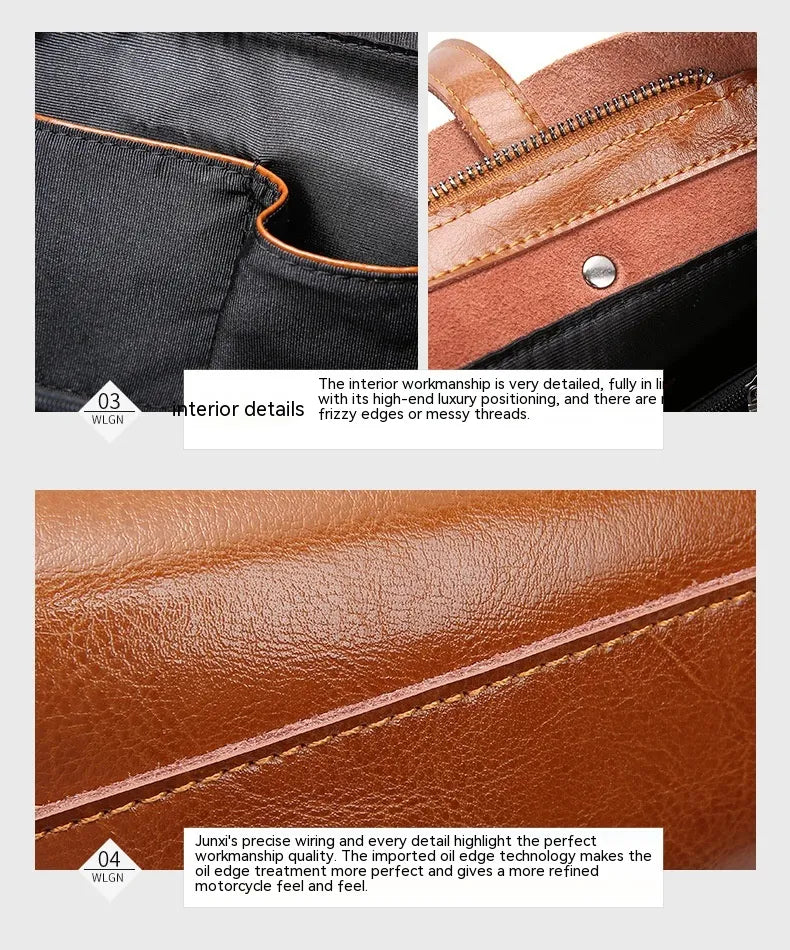 Close-up details of leather motorcycle bags with text on interior workmanship and oil edge technology.