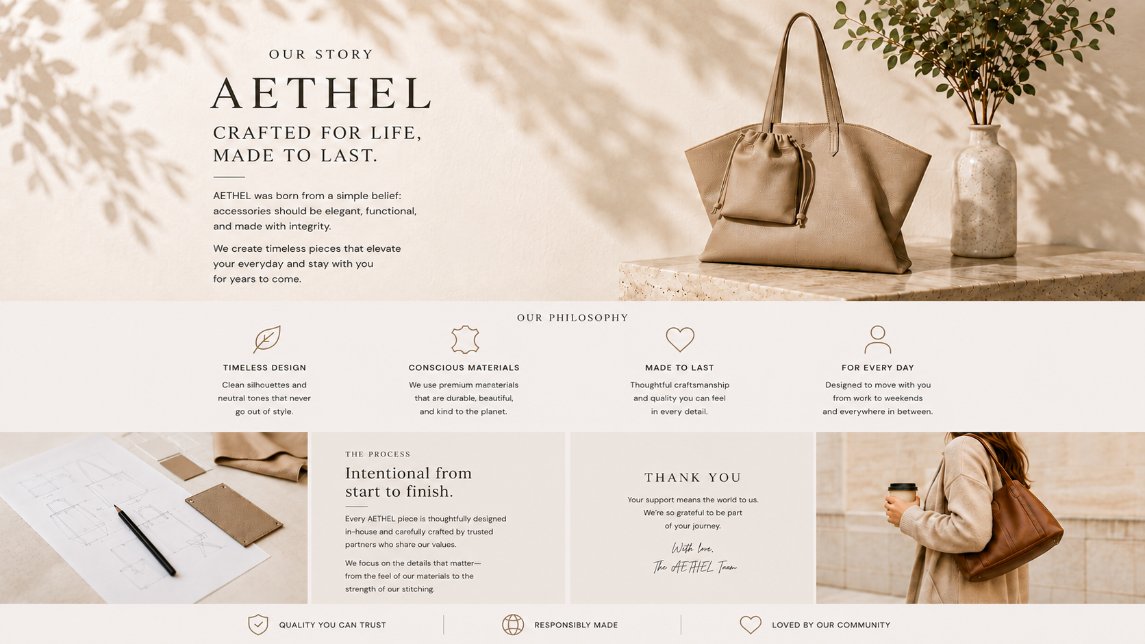 AETHEL Brand Story – Elegant Women's Leather Tote Bags, Crossbody Bags and Clutches Crafted for Modern Canadian Women