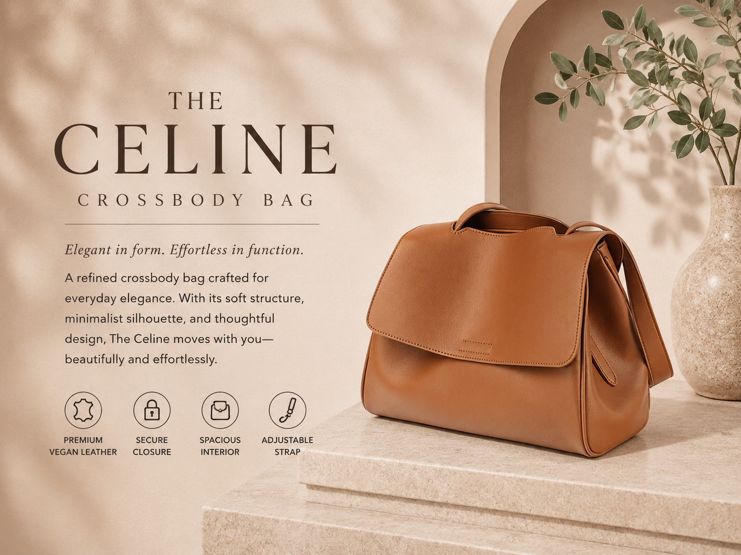 Minimalist brown vegan leather crossbody shoulder bag for women AETHEL collection