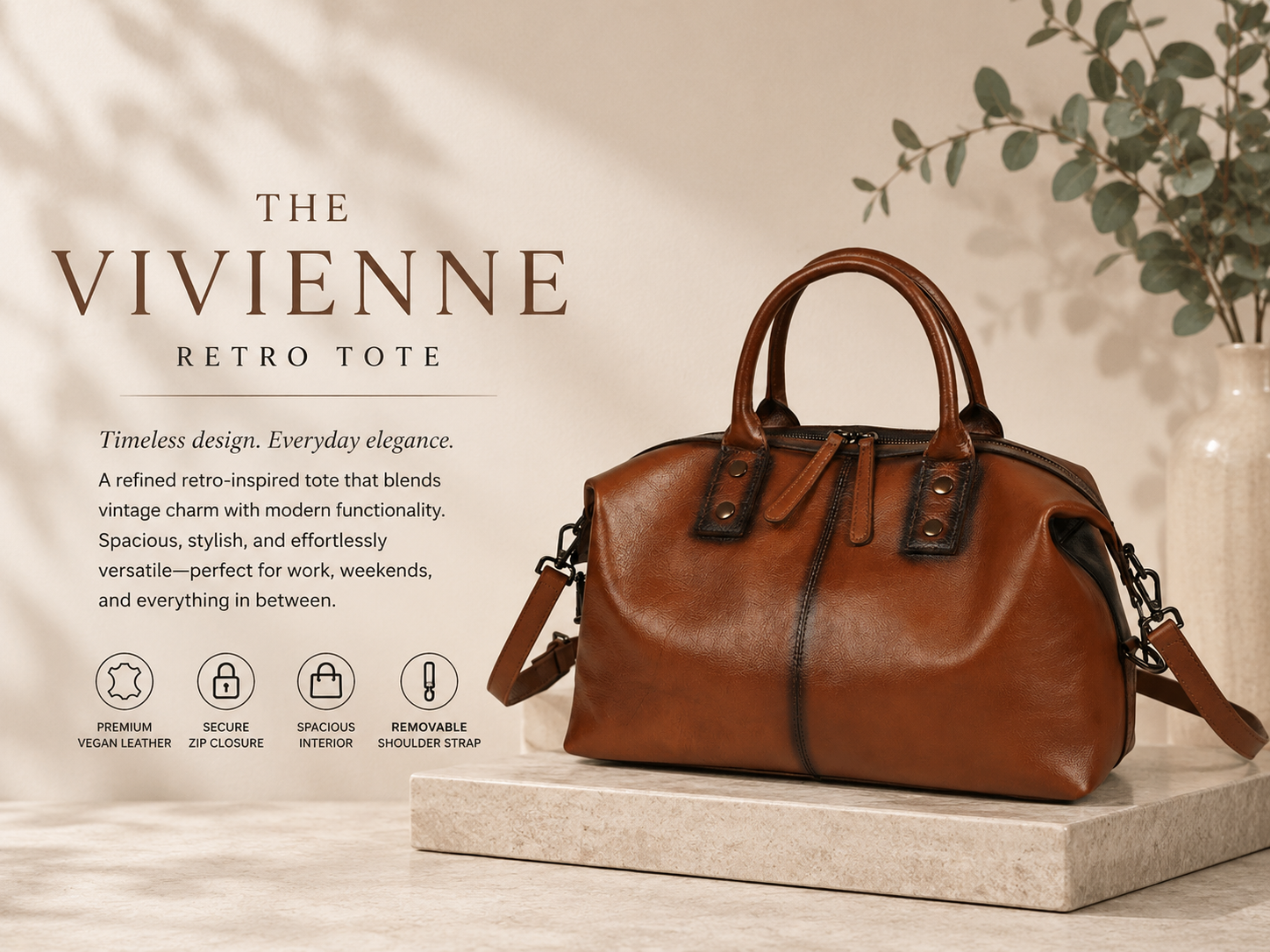 Vivienne retro leather tote bag worn shoulder lifestyle photo
